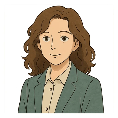 portrait of a calm, confident woman with natural wavy hair, soft but energized expression, approachable professional style, gentle and wise presence sticker