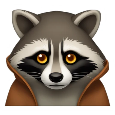 brown raccoon with orange eyes and a dark green hood that is sad sticker