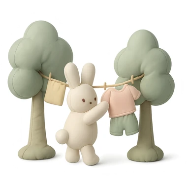 bunny hanging laundry between trees, calming domestic forest feel, soft pastel colors sticker