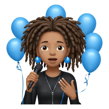Black girl Stud with dreadlocks singing dressed in black crying 1,2,3 release em with white and blue balloons flying overhead emoji like with mic in hand  sticker