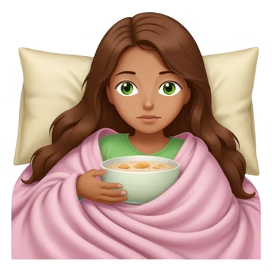 woman with very long brown hair and green eyes in a light pink blanket sleepy with porridge sticker