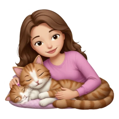 girl with wavy long brown hair, brown eyes, light to medium complexion, long lashes, light pink lipstick, smiling, wearing light pink shirt, sleeping on a cozy pillow, cuddling a tabby cat  sticker