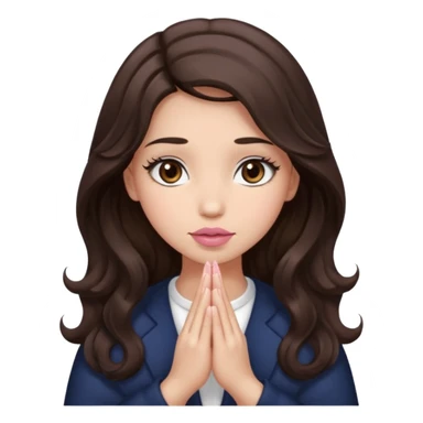 girl with wavy long glamorous dark brown hair, brown eyes, light to medium complexion, long lashes, light pink lipstick, praying sticker