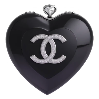 Remove the pearls, keep only the glossy black heart with a diamond accent and silver Chanel logo, elegant, black and white color scheme, keep the background transparent. sticker