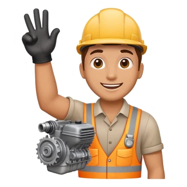 worker holding a car engine part in one arm, waving right hand, cheerful expression, emoji style sticker