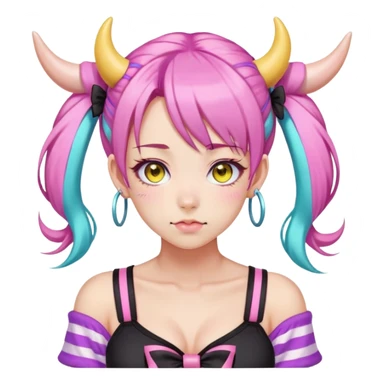 En anime-ku-jente med to rosa lange tykke fletter og cyan striper i håret, horn, og ku-ører, sort BH-topp over en gul cropped-fleece-blouse, lilla øyne, søt sløyfe på halsen  sticker