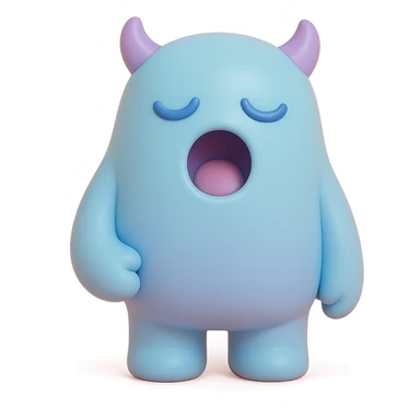 sleepy monster with half-closed eyes yawning, soft blue and lavender colors, toy-like vinyl figure style sticker
