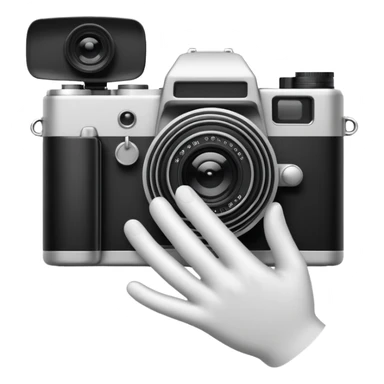 Minimalist emoji-style sticker of a photo camera ejecting a photo, but a hand comes out instead. Black and white, surreal icon. sticker