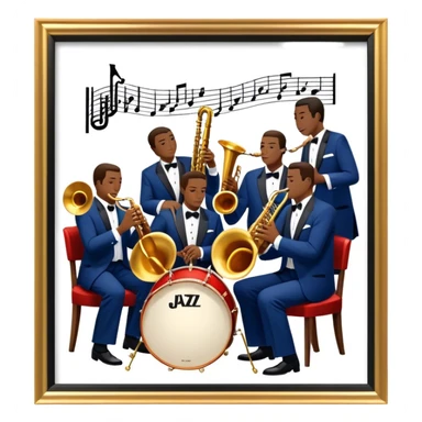 Icon for Jazz Music: The Jazz Messengers, featuring a dynamic composition with Art Blakey on drums and musicians playing saxophone, trumpet, and piano. Musical notes and a warm jazz club atmosphere emphasize the vibrant hard bop style. Transparent background. sticker