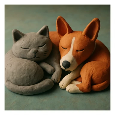 A gray British Shorthair cat curled up and sleeping next to a red Basenji dog sticker