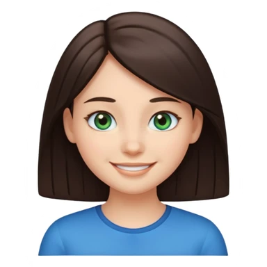 Create a girl with dark brown straight hair and bluey green eyes, cartoon emoji sticker
