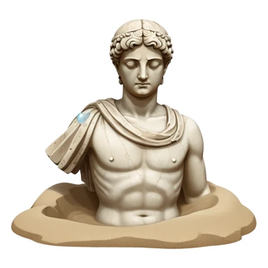 Sunken ancient Greek statue partially buried in sand, underwater with bubbles, partial head and torso of classical statue sticker
