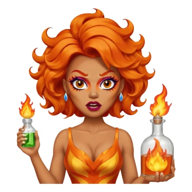 A fierce drag queen emoji with bright orange wavy hair styled with a bottle on top, dramatic makeup, expressive angry face, and an orange flame-themed dress. sticker