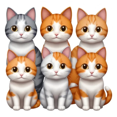 6 cats with different coloured coats, 2 are grey and white, 1 is grey with a little white, 1 calico, 1 brown tabby and white and one ginger and white sticker