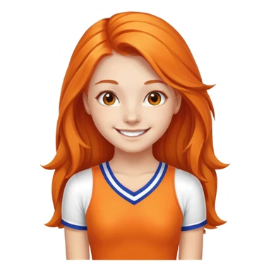 - Nữ
- 15 tuổi
- Da trắng
- Tóc dài, bờm cam
- Mặt cười mỉm
- Áo cổ vũ
 sticker