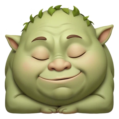 Meme-Worthy Cute Sleeping Ogre Portrait Emoji, with a surprisingly endearing, plump figure in soft earthy greens and browns, head drooping gently with closed, relaxed eyes and a content, sleepy grin, simplified yet adorably detailed, glowing with a soft warm outline that captures the peaceful slumber of a friendly ogre after a day of gentle mischief! sticker