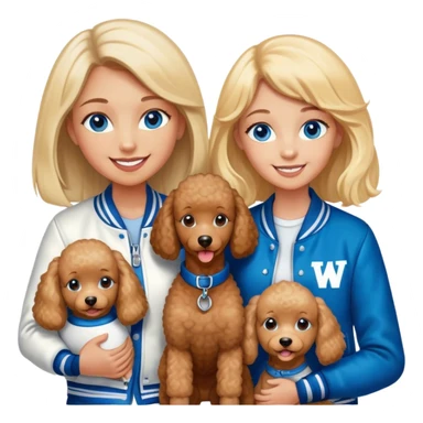 smiling mother in letterman jacket with W and Blue eyes, two Little girls Long blond straight hair and Blue eyes, one brown poodle puppie sticker