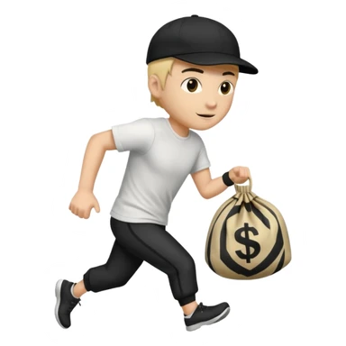 Thief with black cap white t-shirt with black tripes all ower the shirt emoji runing with money bag sticker