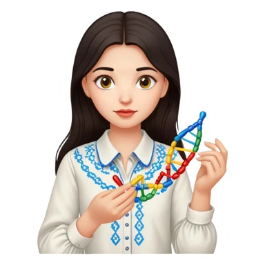 Ukrainian girl with dark hair in an embroidered traditional shirt holds a DNA molecule in her hand sticker