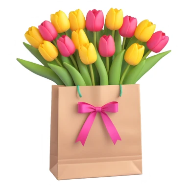 a white paper bag filled with pastel pink tulips, tied with a pink ribbon, soft pastel colors, smooth shadows, simple and minimalistic, 3D iOS emoji style sticker