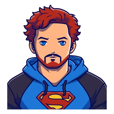 Full body Adult male with blue eyes and redish messy hair and trimmed facial hair wearing a blue superman hoodie  sticker