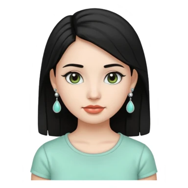 A girl emoji wearing  silver colour jhumka and light mint green colour tshirt with dark black hair sticker