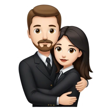 tall white man with brown hair goatee mustache hugging a pale woman with long black hair, wearing formal clothing sticker