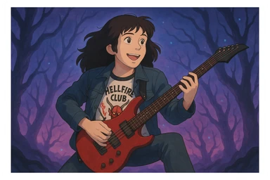 Eddie Munson from Stranger Things in the Upside Down, depicted in Ghibli style with a wide 16:9 aspect ratio. The background is dramatic and supernatural, evoking an expressive and cinematic atmosphere. sticker