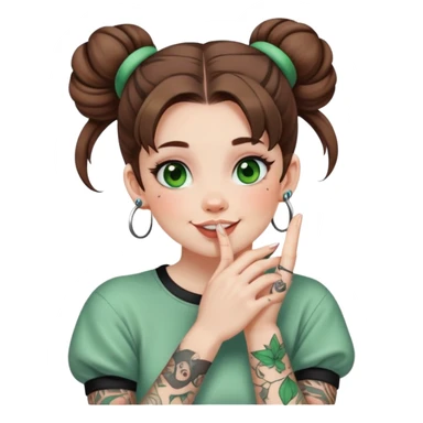 A woman with tattoos, brown hair half up in an updo in space buns, pale skin, green eyes, giggling with her hand over her mouth sticker