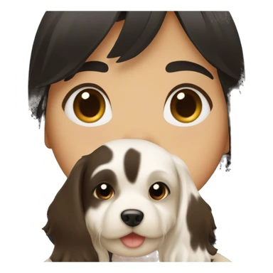 A girl with black hair with bangs, having a dog épagneul breton brown and whiter in her arms sticker