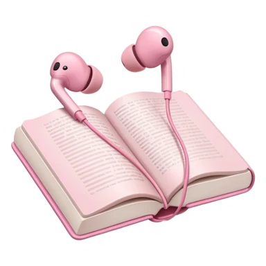  pink Pink Apple-style earbuds lying on an open book, soft pastel tones, cozy and minimal aesthetic, realistic lighting and shadows, top-down view, transparent background" sticker