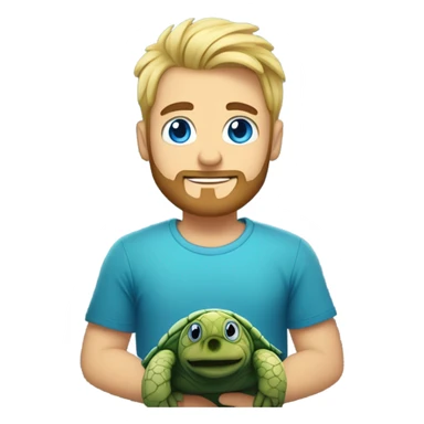 Blonde man with beard and spiked up hair, blue eyes, t-shirt, holding a sea turtle  sticker