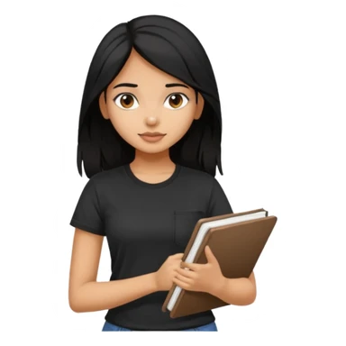 a pretty tan indian bratz girl with messy dark black hair, wearing a black tee carrying a sketchbook sticker