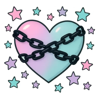 Remove the background, keep the pastel goth heart with pastel stars and black chains, transparent background. sticker