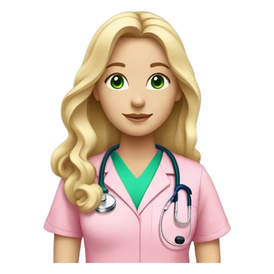 pale blonde girl with long wavy hair and green eyes wearing pink scrubs and stethoscope  sticker