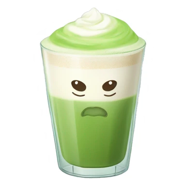 A frothy matcha latte in a clear glass cup with a simple heart design in the foam. sticker