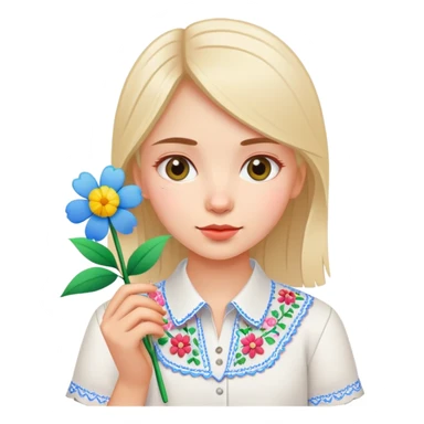 Ukrainian young girl in white embroidered shirt holding colored paper and a flower sticker