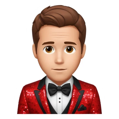 Ryan Reynolds with brown hair, red sequin suit with bow tie sticker