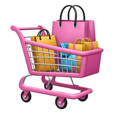 Carrinho na cor rosa cheio de compras femininas, com diversas maquiagens, roupas  sticker