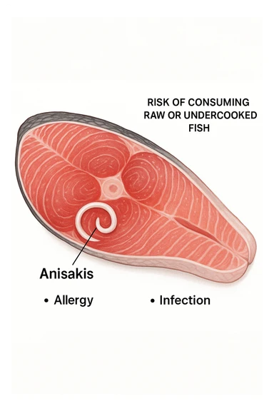 a close-up cross-section of a raw fish fillet, showing a white, coiled Anisakis parasite embedded in the muscle tissue. The parasite is clearly labeled, and the surrounding fish tissue is rendered in detail. The background is clean and white, with educational callouts explaining the risk of consuming raw or undercooked fish. sticker