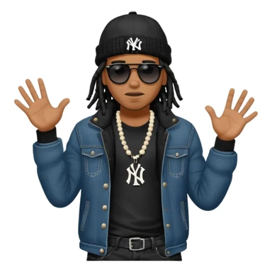 African American man with shoulder length black dreadlocks with black bead wearing black sunglasses with wearing denim skinny jeans wearing black bubble winter coat wearing black New York Yankees baseball hat and  timberland boots with hands out and concerned facial expression sticker