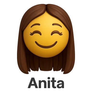 3D smiley emoji, girl style, long hair, smiling face, with the name 'Anita' below in printed letters sticker