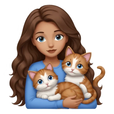 girl with long wavy brown hair, blue eyes, long lashes makeup, cuddling with 6 cute cats sticker