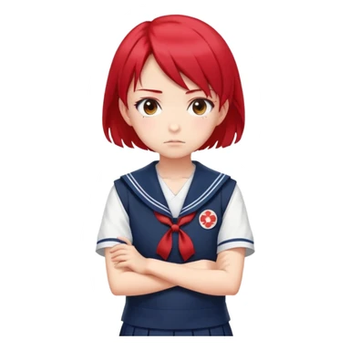 Serious anime girl with short bright red hair wearing Japanese sailor style school uniform, stern expression with arms crossed, focused and determined look sticker