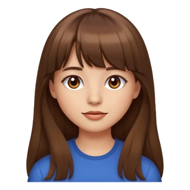 girl emoji style, long brown hair with bangs, brown eyes, subtle makeup sticker