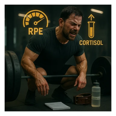 Add floating icons above the subject's head showing high RPE and elevated cortisol, in cinematic style with the same color palette. sticker