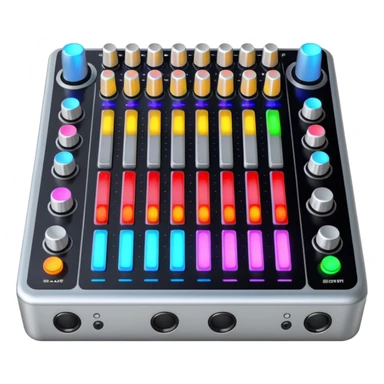 The long DJ mixer features faders, EQ knobs and multi-colored LEDs. sticker