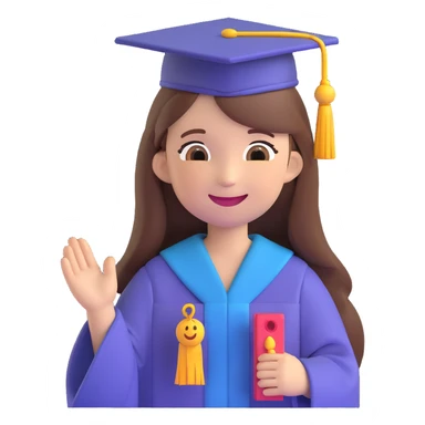 girl with long brown hair in graduation clothes with hat and robe smiling, emoji style sticker