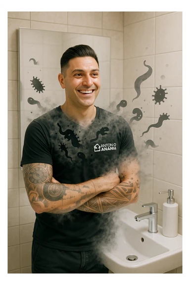 a man stands in a brightly lit bathroom, looking relieved and revitalized as he examines his reflection in the mirror. In the foreground, stylized, shadowy images of parasites (such as worms or protozoa) are shown leaving his body, dissolving into mist or fading away. His posture is upright and his expression is one of newfound energy and health. sticker