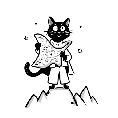 Adventurous cat explorer holding a map, standing on mountain ridge with stars in background, light clothing and cape blowing in wind, looking into the distance sticker